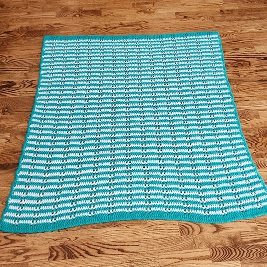 Hand Crocheted Lap Quilt in Teal and White Stripe Apprix 45"x45" Cozy Warm Gift