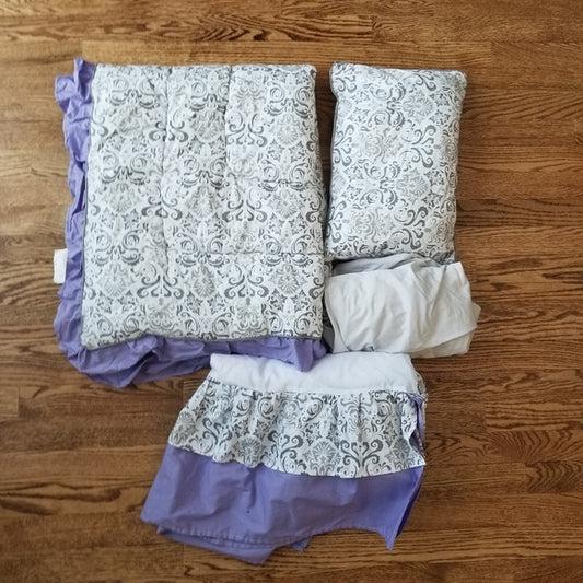 Grey and Purple Damask print Crib Bedding.