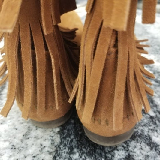 Minnetonka Triple Fringe Suede Boots, Size 8