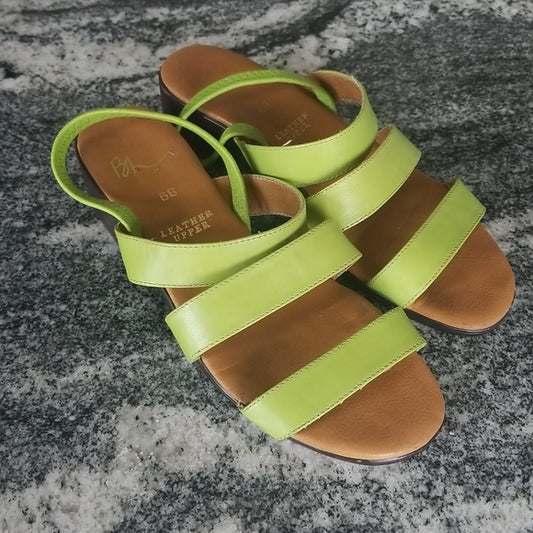 (6) Lime Green Strappy Low Heel Leather Upper Sandals Summer Vacation