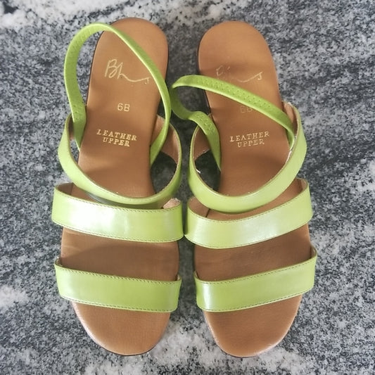 (6) Lime Green Strappy Low Heel Leather Upper Sandals Summer Vacation