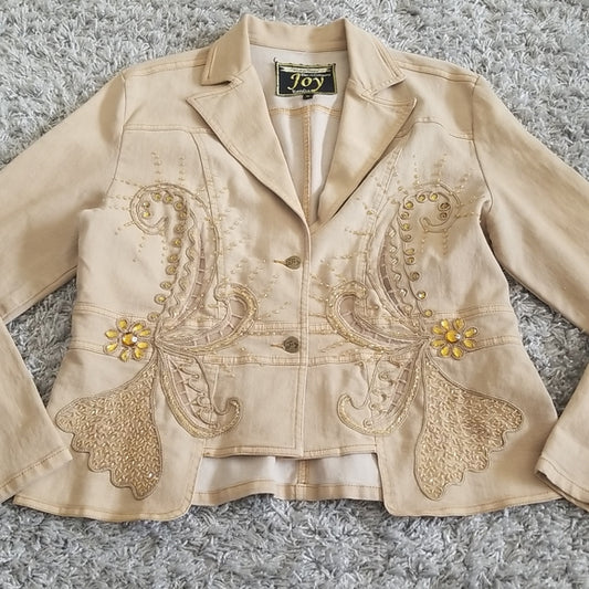 (10) Joy London Light Denim Jacket Blazer Embroidered Beautiful