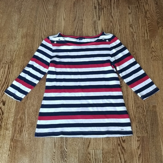 (L) Tommy Hilfiger Classic Striped 3/4 Sleeve Top ❤ Silver Buttons ❤ 100% Cotton