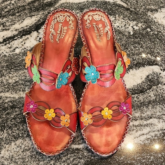 Spring Step Low Heel Boho Sandal Summer Vacation Flowery Cutouts