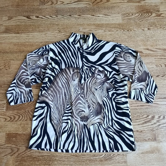 (M) Jackets Galore by John Farah Zebra Print 3/4 Sleeve Top ❤ Bejeweled