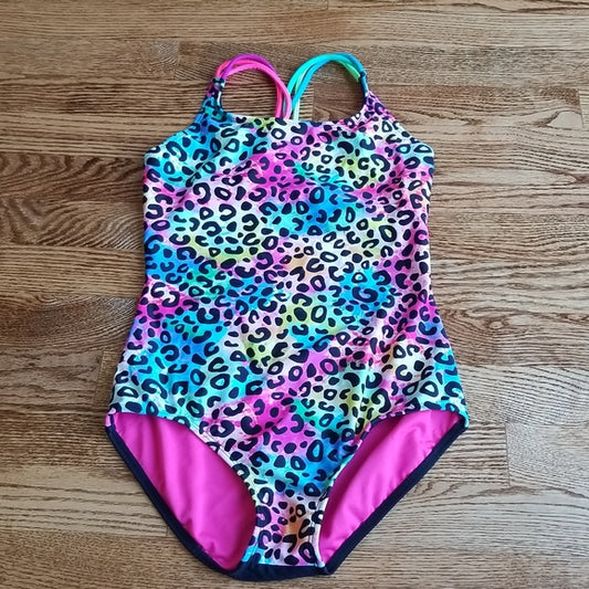 (10-12) Xhilaration Cheetah Print One Piece Swimsuit ❤ Rainbow
