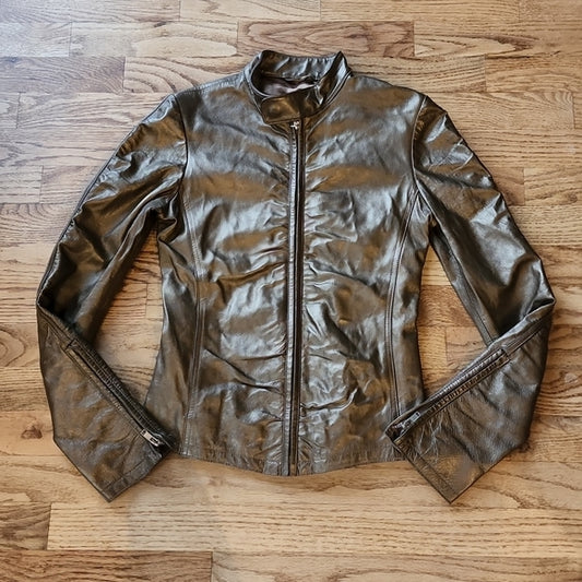 (XXS) le Chateau Metallic Bronze Moto Leather Ruched Zipper Jacket