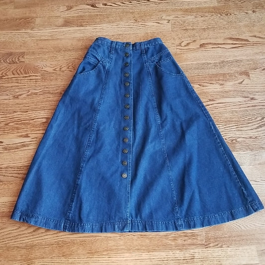 Blanche Porte Vintage Full Denim Skirt ❤ 100% Cotton ❤ A Line ❤ Buttons