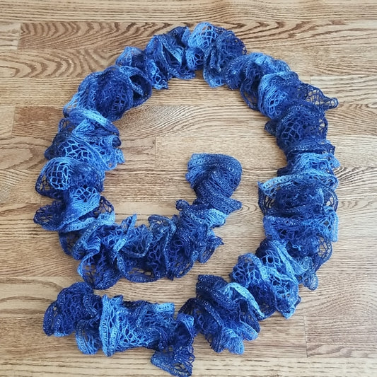 Shades of Blue Crochet Ruffle Scarf  Silver Thread Detailing Metallic Occasion