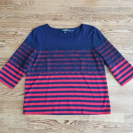 (L) Karl Lagerfeld Paris Navy and Red Striped Lace Accented 3/4 Sleeve Top