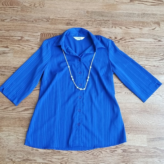 (10P) Tradition Royal Blue Pinstripe Button Up Top with Attached Beaded Necklace