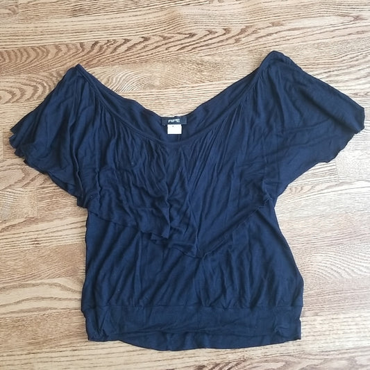 (L) RIPE Black Flowy V Neck Top with Cute Details