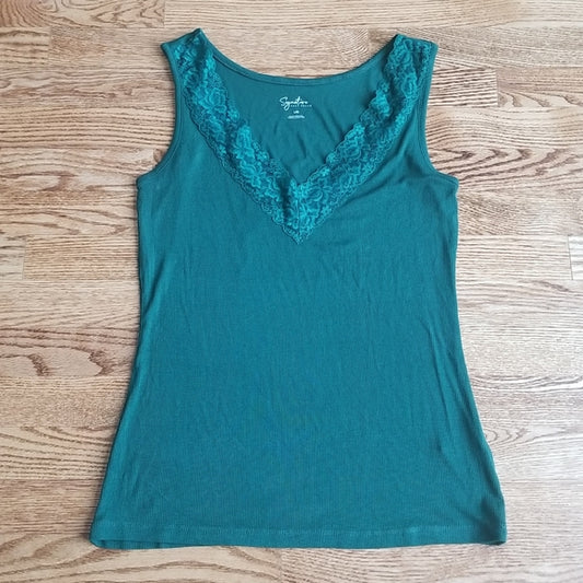 (L) Signature Suzy Shier Stretchy and Soft Viscose Blend Lace Collar Tank Top