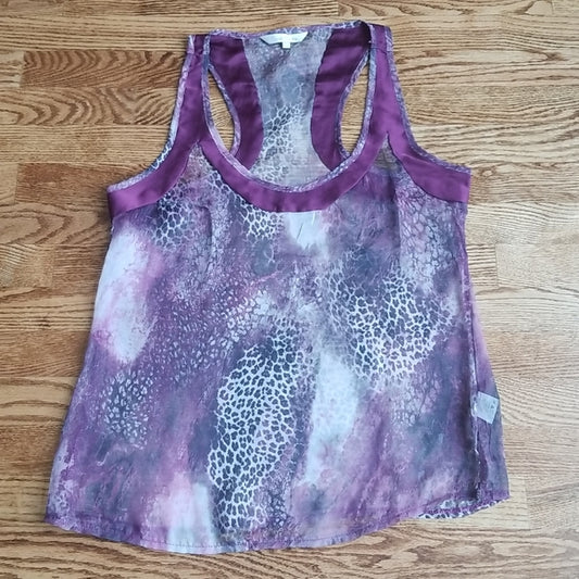 (L) Costa Blanca Sheer Animal Print Racer Back Tank Top