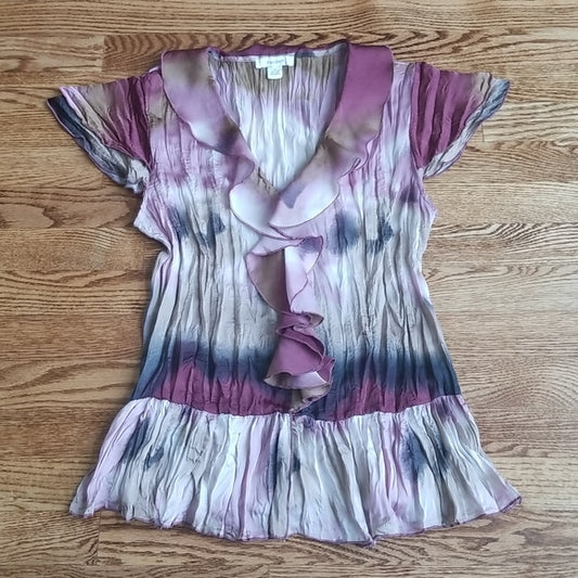 (M) dressbarn Multicolor Ruffle Accented Button Up Blouse Business Casual