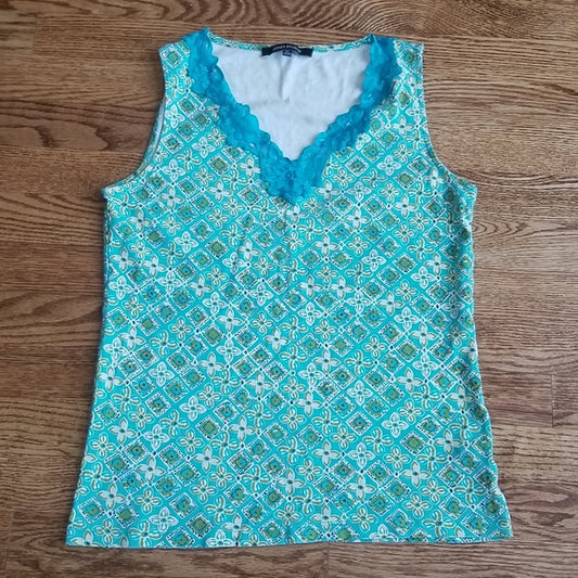 (M) Jones Studio 100% Cotton Lace Collar Printed Tank Top