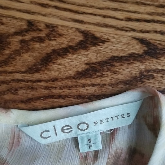 (S) Cleo Petites Satiny Feel Flowy Top with Sheer Overlay Detail Back Keyhole