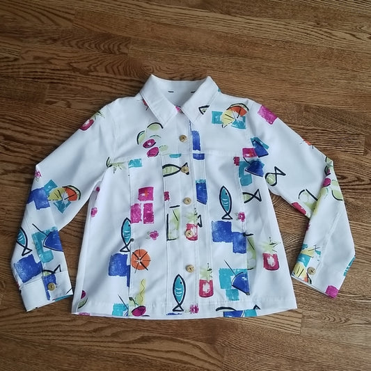 (L) Colorful Long Sleeve Collared Button Up Top Vacation Printed Unique