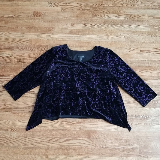 (20W) Connected Apparel Padded Shoulders Sparkly Swirl Velvet ¾ Sleeve Top