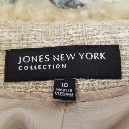 (10) Jones New York Blazer Woven Gold Metallic Sparkle Holiday Fringe Tweed