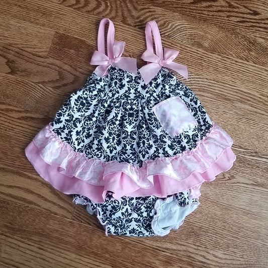 (6-12M) Baby Girl Paisley Print Ruffle Bow Accents Matching Set So Cute Adorable