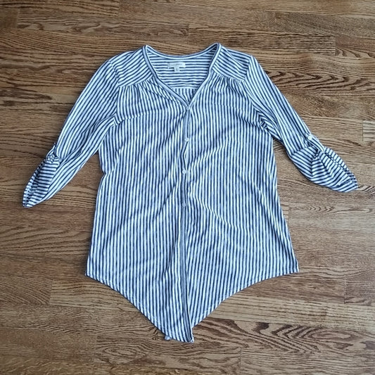 (L) Max Studio Women's Striped Button Down Shirt Soft Business Casual Modern