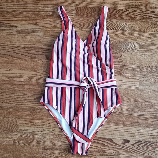 (M) Cupshe Women's Striped Multicolored One Piece Belted Swimsuit Beach Vacation