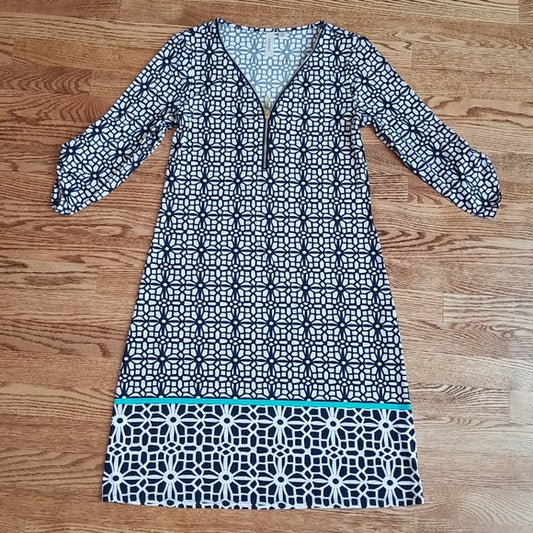 (S) Tacera Geometric Print Loose ¾ Sleeve V Neck Tunic Dress Vacation Summer