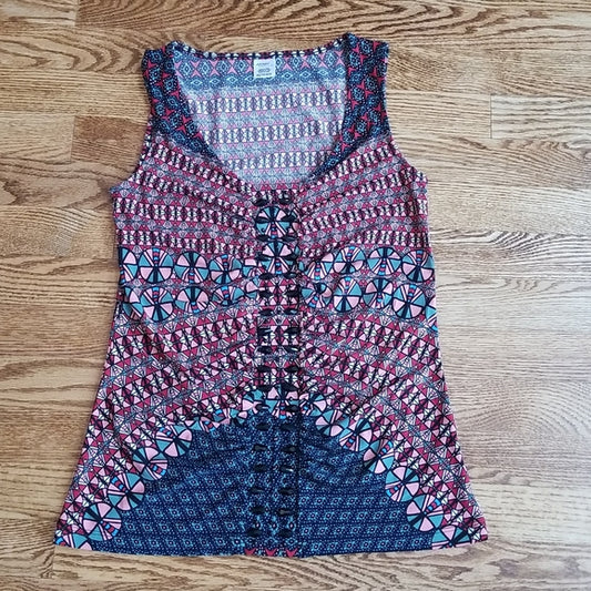 (XS) Jockey Person to Person Geometric Design Ruched Beaded Fancy Tank Top