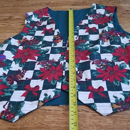 (L) Handmade Holiday Checkered Floral Poinsettia Print Vest