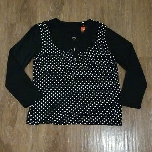 (L) NWT Polka Dot Embellished Lace Detail Soft Classic Long Sleeve Top