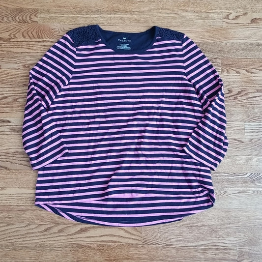 (L) Talbots Striped ¾ Sleeve Top Lace Cotton Casual Weekend Layers Comfy Classic
