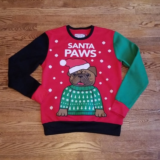 (S) Happy Holidays Colorful Crew Holiday Themed Graphic "Santa Paws" Sweater