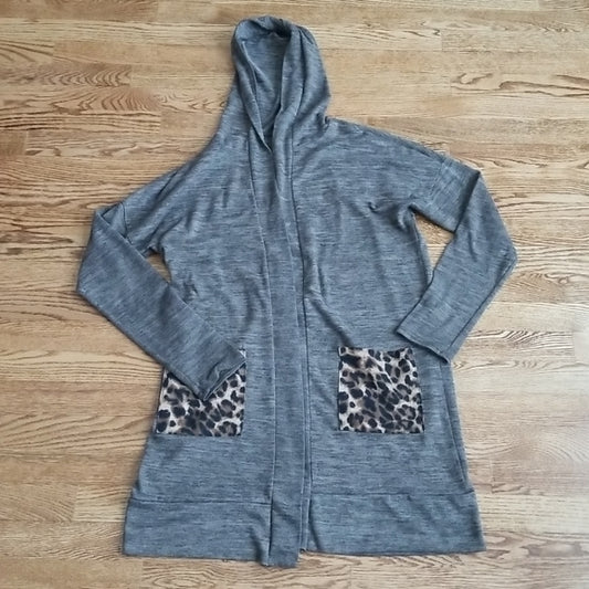 (S) Pink Blush Heathered Long Open Hooded Cardigan Cheetah Pockets Cozy Comfy