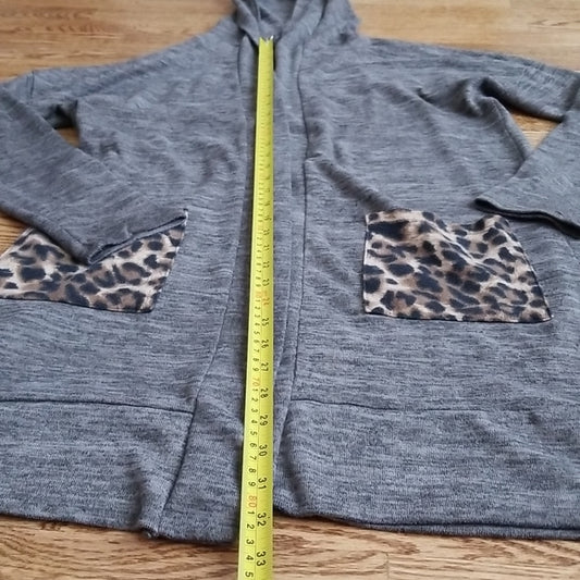 (S) Pink Blush Heathered Long Open Hooded Cardigan Cheetah Pockets Cozy Comfy