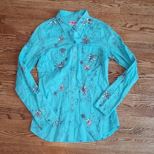 (S) Roper 100% Cotton Embroidered Sequin Long Sleeve Snap Button Down Shirt