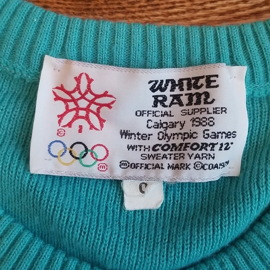 (M) Vintage White Ram 1980s Winter Olympics Games Color Block Knit Crew Sweater