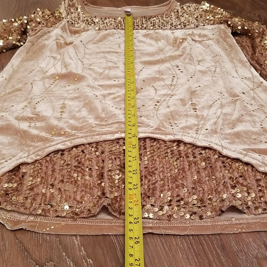 (S) Gold Sequin and Velvet Long Sleeve Assymetrical Top Holiday Festive Party