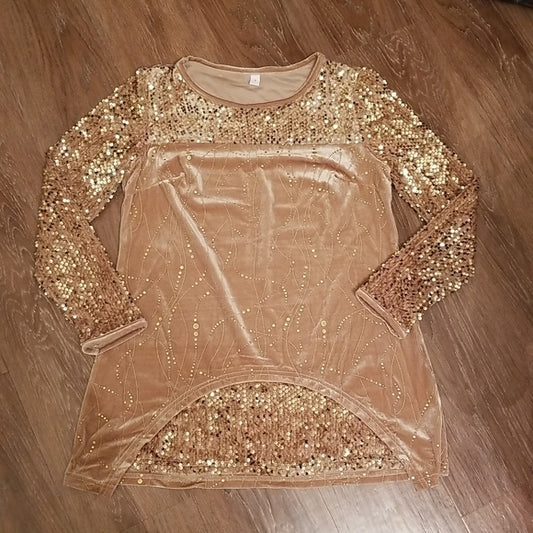 (S) Gold Sequin and Velvet Long Sleeve Assymetrical Top Holiday Festive Party