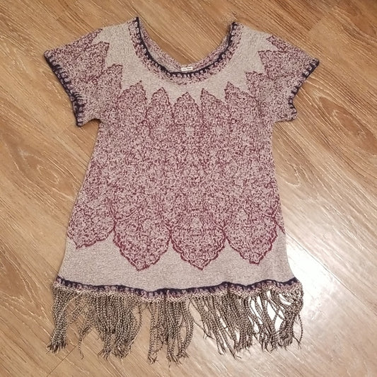 (S) Free People Short Sleeve Cozy Short Sleeve Top Fringe Hem Bohemian Unique