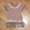 (S) Free People Short Sleeve Cozy Short Sleeve Top Fringe Hem Bohemian Unique