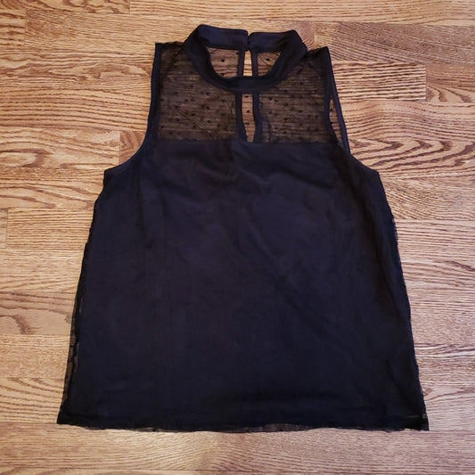 (S) Rock & Shine by Reitmans Black Sheer Overlay High Neck Top Goth Evening Fun