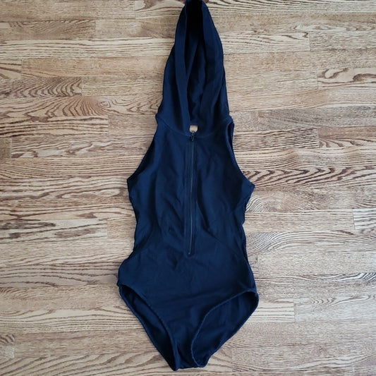 (S) Forever 21 Hooded Bodysuit Mesh Waist Details Back Cutout Partial Zip Up