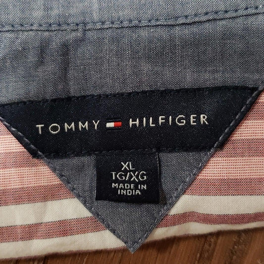 (XL) Tommy Hilfiger 100% Cotton Striped ¾ Sleeve Collared Shirt Office Academia