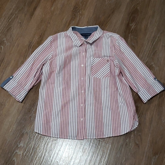 (XL) Tommy Hilfiger 100% Cotton Striped ¾ Sleeve Collared Shirt Office Academia
