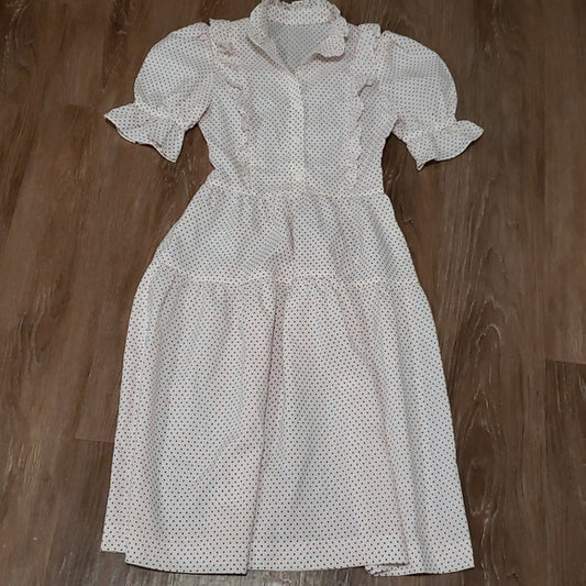 (S) Vintage Dotted Ruffle Lightweight Dress Puff Short Sleeve Prairie Farmhouse