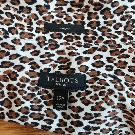 (12P) Talbots Petites Leopard Print Lightweight Button Down Shirt Academia Work