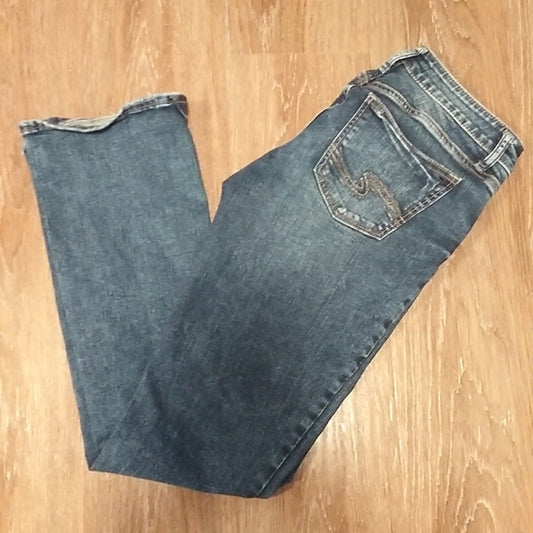 (26W/33L) Silver Jeans Co. Elyse Slim Bootcut Lightly Distressed Denim Modern