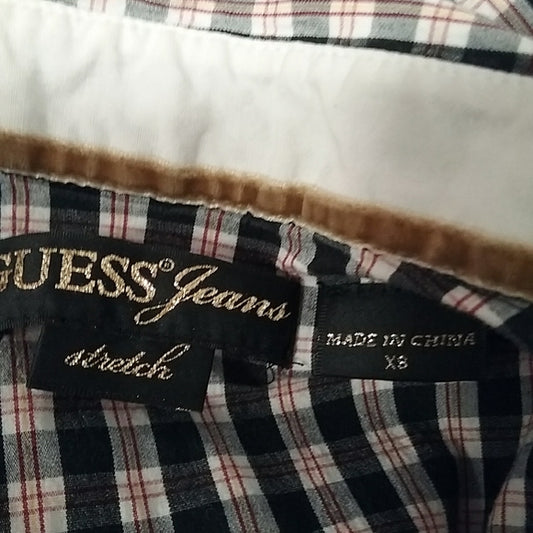 (XS) Guess Los Angeles Plaid Print Puff Sleeve Classic Prarie Business Casual