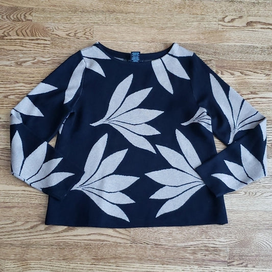 (L) Joan Vass New York Classy Sweater Comfy Soft Luxurious Modern Floral Leaf